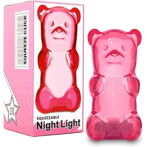 Gummygoods Squeezable Gummy Bear Night Light - Rechargeable, Portable, Squishy Lamp, 60-Min Sleep Timer - Christmas Gift for Kids & Adults, Baby Nursery, and Dorm Rooms - (Pink)