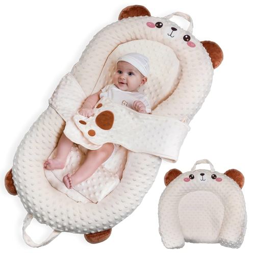 Baby Lounger for Newborns to 12 Months, Premium Velvet Cover, Infant Nest, Tummy Time Mat, Bottle Feeding Pillow & Portable Co-Sleeper Bed with Carrot & Banana Toys