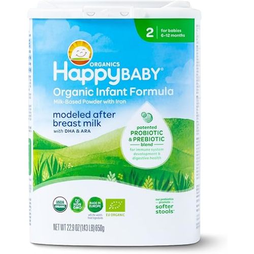 Happy Baby Organics Stage 2 Infant Formula, 6-12 Months, Milk Based Organic Baby Formula Powder with Iron, Probiotics & Prebiotics for Immune & Digestive Support, 22.9 Ounce (Pack of 1)
