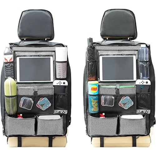(2 PACK) Car Seat Organizer, Premium Material Back Seat Car Organizer Kick Mats Car Back Seat Protector Travel Accessories with 9 Storage Pockets (Gray)