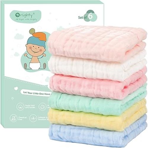 Orighty Muslin Baby Washcloths Pack of 6 - Soft Face Cloths for Newborn, Absorbent Baby Bath and Face Towels, 100% Cotton Baby Wipes, Burp Cloths, Feeding Towels for Babies and Infants - 10 x 10’’