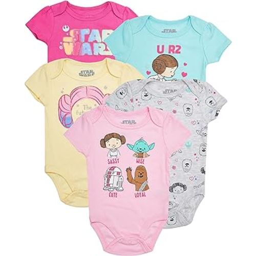 STAR WARS Baby Girls Bodysuits 5-Pack - Baby Girls' Bodysuits 5-Pack with Princess Leia, R2-D2, Yoda Baby Clothes