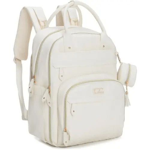 BabbleRoo Leather Diaper Bag Backpack - Baby Essentials Travel Baby Bag, Multi function, Waterproof, with Changing Pad, Stroller Straps & Pacifier Case – Unisex, Eggshell White