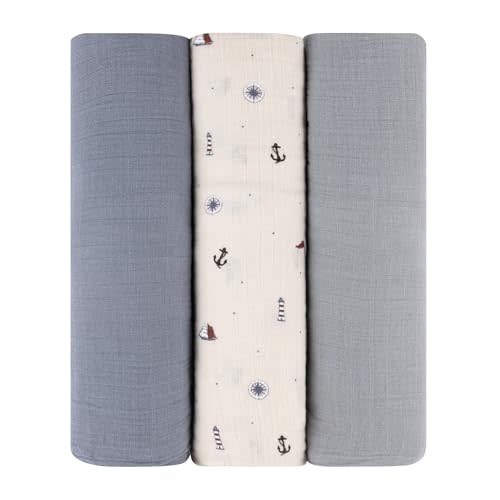 Ely's & Co. Muslin Swaddle Blankets 3-Pack for Baby Boy, 100% Cotton Muslin Extra Large Swaddle Receiving Blankets, 47”x47” (Blue-Ivory Nautical)