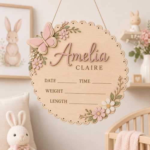 Personalized Baby Birth Stats Sign, Custom Newborn Announcement Plaque, Floral Baby Name Sign, Girl Nursery Decor Gift