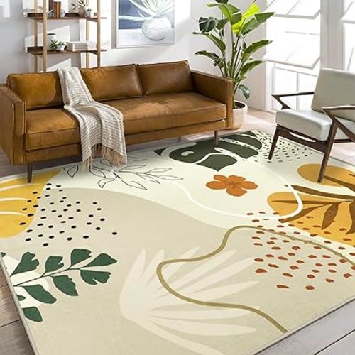 Capslpad Area Rugs 8x10, Boho Rugs for Living Room, Washable Rugs, Low Pile Soft Non-Shedding, Tan Botanical Print Rug for Bedroom, Office, Classroom, Nursery, Dining Room