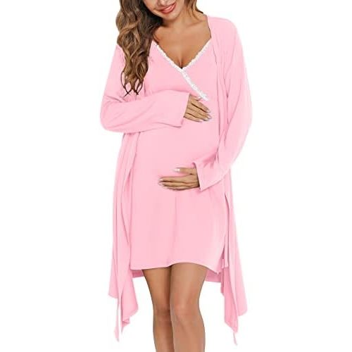 SWOMOG Womens Maternity Robe 2 Piece Nursing Nightgown for Breastfeeding 3 in 1 Labor Delivery Nursing Dress Lace Bathrobe