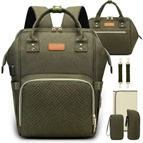 SofLiv Baby Diaper Bag Backpack Purse Sets Double Diaper Bags for Mom Dad, Stylish Baby Bags for Boys Girls with Changing Pad, Stroller Straps, USB Charging Port, Easy to Travel, (M, Army Green)