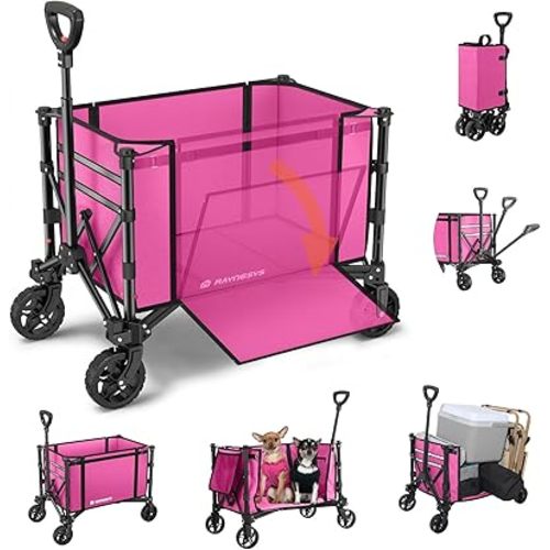 3 in 1 Collapsible Wagon Converts to Bench, 220lbs Foldable Wagon Cart with Wheels, 120L Shopping Cart for Groceries Folding Utility Wagon for Beach, Garden, Camping, Sport, Wheelbarrows, Pink
