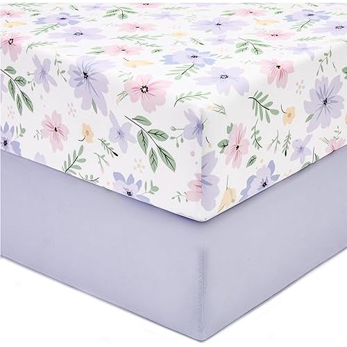 TILLYOU Fitted Crib Sheet Set - Super Soft Toddler Bed Sheets for Standard Crib and Toddler Mattresses, Premium Cozy Nursery Bedding Sheet, 28"x52"x5", Brilliant Little Flowers and Purple