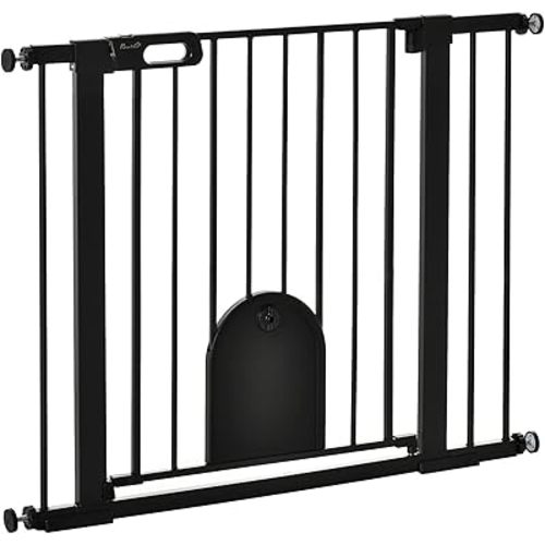 PawHut 30"-41" Extra Wide Pet Gate with Small Door, 30" H Dog Gate with Safety Gate Barrier, Stair Pressure Fit, Auto Close, Double Locking, for Doorways, Hallways, Black