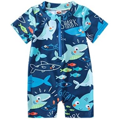 Toddler Baby Boy Shark Print Bathing Suit Half Zip Up One Piece Romper Short Sleeve Summer Rashguard Swimsuit