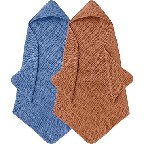 Muslin Hooded Baby Towels for Newborns, 32"x32", 100% Cotton – 6 Layers Super Soft Absorbent Breathable, Baby Bath Towel, Toddler Bath Towel – Pack of 2