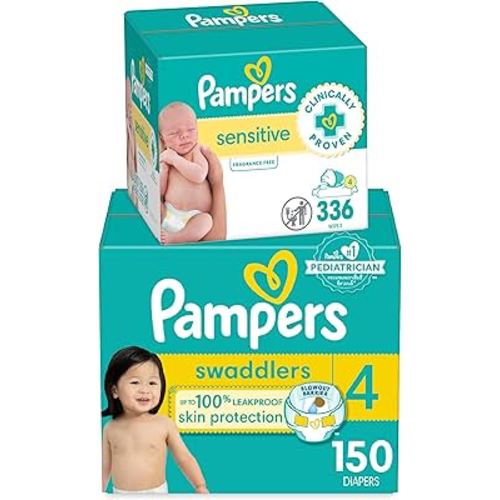 Pampers Swaddlers Disposable Baby Diapers Size 4, 150 Count with Sensitive Water Based Baby Wipes 4X Pop-Top Packs (336 Count)