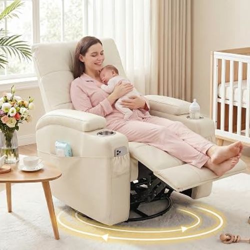 AIRSKY Genuine Leather Recliner Chair, 360° Swivel Glider Nursery Recliner