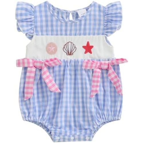 Newborn Baby Girl Outfit Starfish Shell Plaid Flying Sleeve Smocked Bubble Romper Infant Bodysuit Summer Ocean Clothes