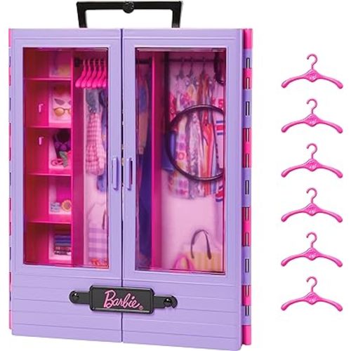 Barbie Fashionistas Ultimate Closet & 6 Hangars, Purple with Fold-Out Rack & Carrying Handle, Portable Storage for Fashion Doll Clothes & Accessories