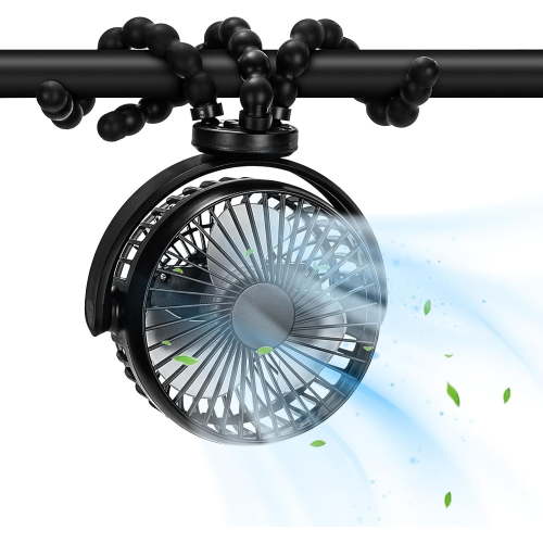 Portable Stroller Fan, Battery Operated Small Clip on, 360° Rotate Flexible Tripod, Detachable 3 Speed Rechargeable Baby Handheld USB Desk Cooling for Bedroom Car Seat Crib Treadmill Travel Camping