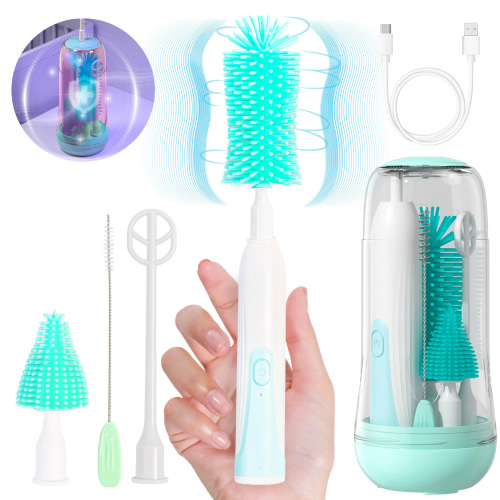 Electric Travel Baby Bottle Brush Set, Electric Bottle Cleaner and Water Bottle Brush and Nipple/Straw Brush,Milk Frother and Drying Rack(Green)
