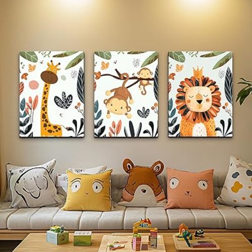 Timeless Artworks 3Pcs Framed Safari Animals Canvas Wall Art Prints Picture Boy Girl's Kids Room Wall Decor for Classroom Shower Theme Decorations Nursery Baby Children's Room Bedroom 12" x 16"