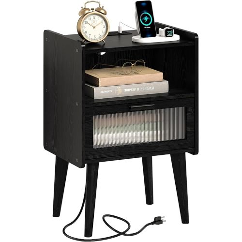 Nightstand with Charging Station, Bedside Tables, Black Wood Grain End Table Side Table with 2 Tiers Storage Space, for Bedroom, Living Room, Black CAMLBZ07XE
