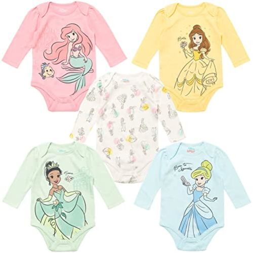 Disney Classics Princess Lion King 101 Dalmations Pumbaa Princess Ariel Timon Baby Girls 5 Pack Bodysuits Newborn to Infant