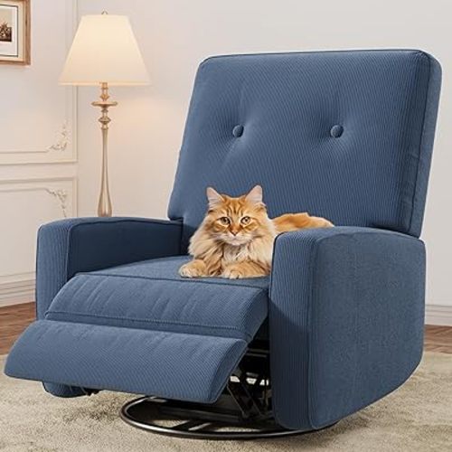 Recliner Chair, 360° Swivel Rocking Glider Chair for Adults with Adjustable Backrest & Footrest, Cozy Corduroy Upholstered Armchair for Living Rooms, Bedrooms, Blue