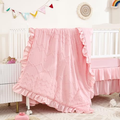 NacoMoco 3-Piece Tufted Ruffle Crib Bedding Set for Girls - Ultra Soft Baby Bedding Set Includes Boho Crib Comforter, Sheet & Skirt (Light Pink)