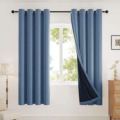 Rinwoc 100% Blackout Curtains 72 inch Length 2 Panels Set for Dining Room Master Room, Thick Soft Linen-Look Textured Full Light Blocking Room Darkening Thermal Insulated Drapes (W52xL72, Blue)