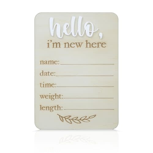 Baby Announcement Sign 6.5 Inch Wooden Hello World Newborn Welcome Sign Birth Baby Name Plaques for Photo Props Baby Shower Hospital Nursery (I'm New Here Baby)
