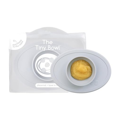 ezpz Tiny Bowl (Pewter) - 6 Months+ - 100% Silicone Suction Placemat + Bowl for Infants - Fits All Highchair Trays - Baby-Led Weaning Supplies