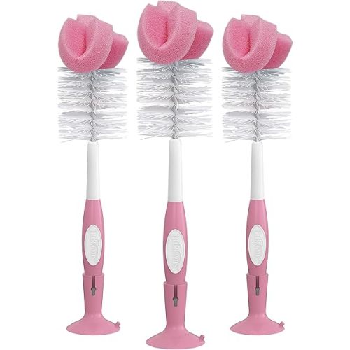 Dr. Brown's Reusable Sponge Baby Bottle Cleaning Brush Set with Suction Cup Stand, Scrubber and Nipple Cleaner, Pink, 3 Pack