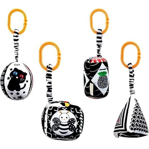 KAKIBLIN Baby Hanging Rattle Toys, 4 Pack Black and White Car Seat Baby Toys Soft Squeaky Stroller Toy for Babies Montessori Sensory Toy 0-12 Months for Newborn Infant, White and Black