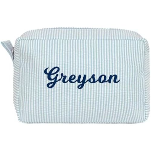 MT WORLD Personalized Cosmetic Bag Cute Makeup Bag for Women Girls Seersucker Bridesmaid Travel Makeup Bag Aesthetic Toiletry Bag Organizer Storage Pouch (Aqua)