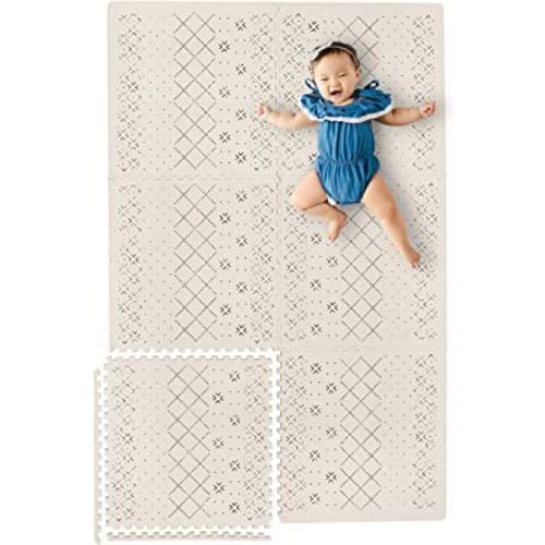Yay Mats Stylish Extra Large Baby Play Mat. Soft, Thick, Non-Toxic Foam Covers 6 ft x 4 ft. Expandable Tiles with Edges Infants and Kids Playmat Tummy Time Mat (Carter Mudcloth Tan)