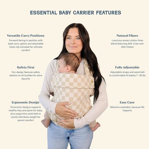 Ava & Oliver Essential Baby Carrier – Ergonomic, Hip-Healthy Soft Structured Carrier for Infants & Toddlers (7–35lbs) - Front and Back Carry, Breathable Fabric, Stylish & Lightweight (Almond Check)