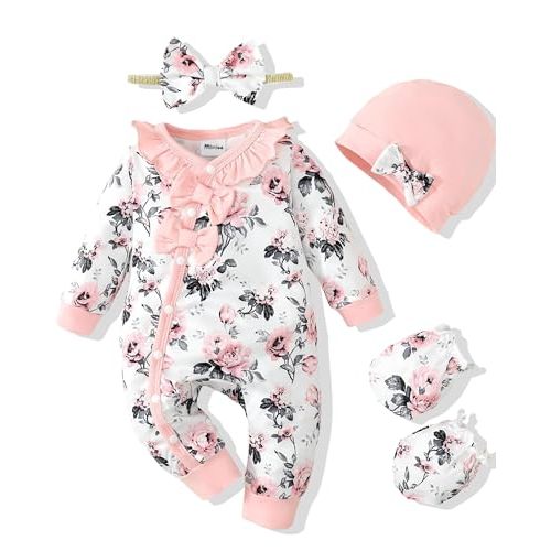 Mikrdoo Newborn Baby Girl Clothes Long Sleeve Romper for Preemie Girls 0-6M | Infant Baby Girl Fall Winter Outfits, Ruffle Long Sleeve, Bow Decoration, Pattern Printed, One-Piece Jumpsuits with Headband