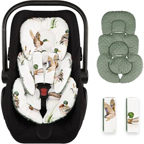 Mallard Duck Infant Car Seat Insert Cushion & 2 Straps Covers, Super Soft Baby Car Seat Head Support, Reversible Preemie Newborn Carseat Insert, Fit Car Seat, Stroller, Infant Bouncer, Green