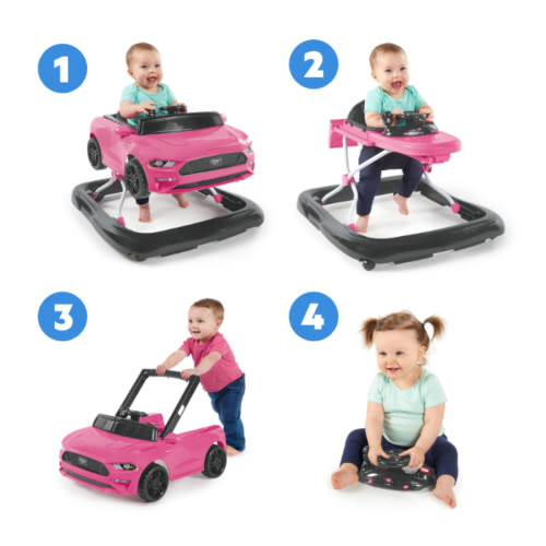 Bright Starts 4-in-1 Adjustable Baby Walker with Removable Steering Wheel, Ford Mustang