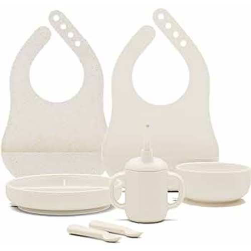 Lalo First Bites Silicone Baby Feeding Set - Baby Led Weaning Supplies - Non-Toxic Silicone - Includes 2 Bibs, 2 Spoons, Training Cup, Suction Plate and Bowl - 6 Pieces - Oatmeal