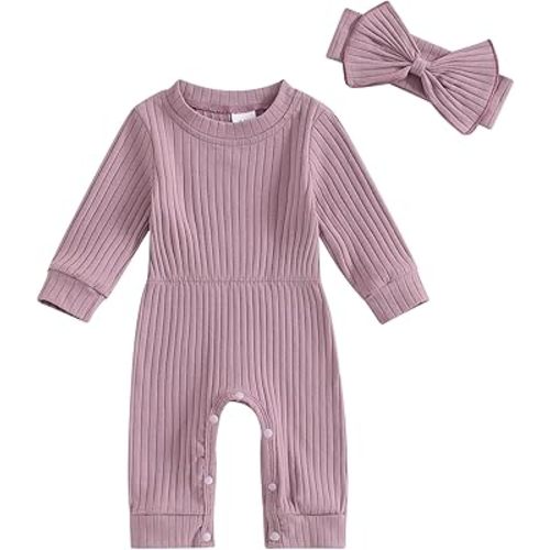 Newborn Baby Girl Fall Outfits Long Sleeve Ribbed Romper Jumpsuit with Headband Set Infant Girl Clothes