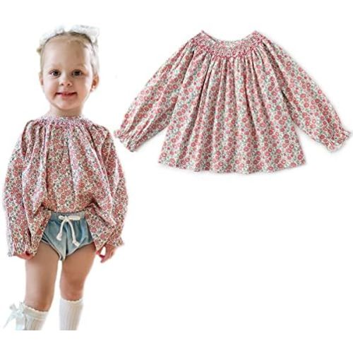 Curipeer Baby Girl Floral Blouse Peter Pan Collar Long Sleeve Smocked Tops for Toddler Girls