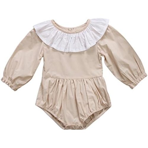 stylesilove Baby Girl Ruffles Collar Solid Color Long Sleeve Cotton Romper Outfit
