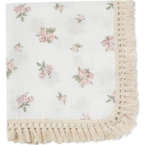 insular Cotton Muslin Baby Blanket with Tassel, Boho Bohemian Muslin Swaddle Blanket Baby Receiving Blanket with Fringe, Nursery Decor Throw or Nursing Blankets, 47" x40”, Pink Rose