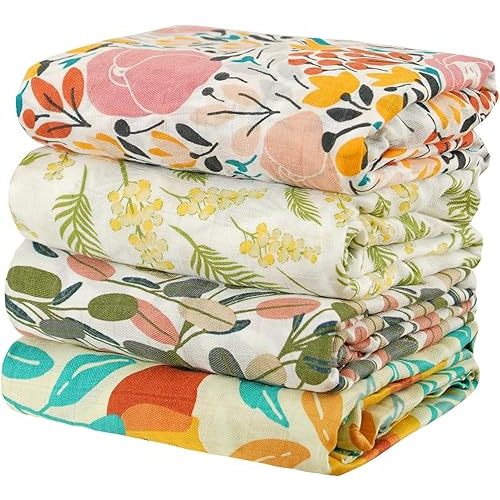 4 Set Muslin Swaddle Blankets for Newborn Baby Boys, Girls,Receiving Blankets-Cute Soft Print Baby Towel Wrap 120x110cm Baby(Leaf)
