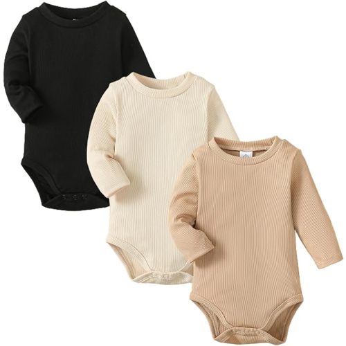OPAWO Long Sleeve Onsies for Baby Girls' Bodysuits Newborn 3 Pack Infant Ribbed Fall Baby Girl Romper Undershirt - Black/Apricot/Beige Long Sleeve