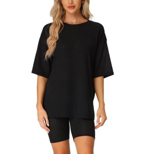 cheibear Women's Tracksuit Short Sleeves Top with Shorts Ribbed Knit Soft Pajama Sets, Color: Black, Size: x-large