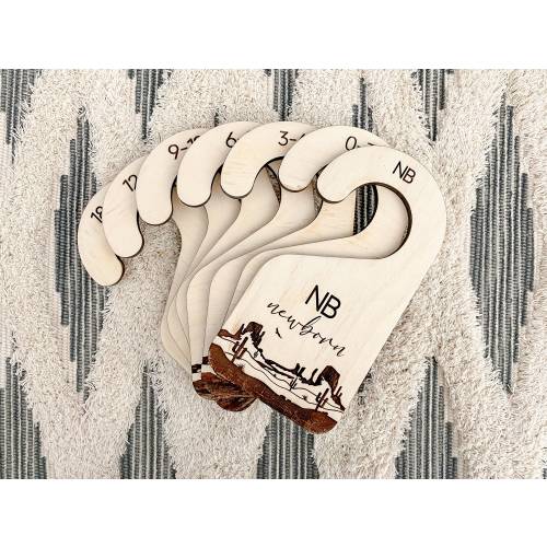 Western Theme Baby Closet Dividers - Engraved Wooden Hangers with Cacti and Cowboy Motifs for Newborn to 24 Months