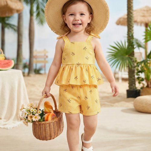 2pcs of Baby/Toddler Girl Spring/Summer Casual Daily Cute Vacation Striped Bow Print Sleeveless Top+Shorts Set | Casual And Fashionable, Suitable for 0-3 Year Old Babies to Wear Outdoors, Parties, And Take Photos, Perfect Gift Choice, for Outdoor