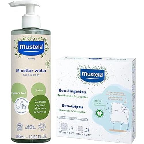 Mustela Certified Organic Micellar Cleansing Water & Reusable 100% Cotton Eco-Wipes Bundle - For Makeup Removal or Baby Quick Cleanups